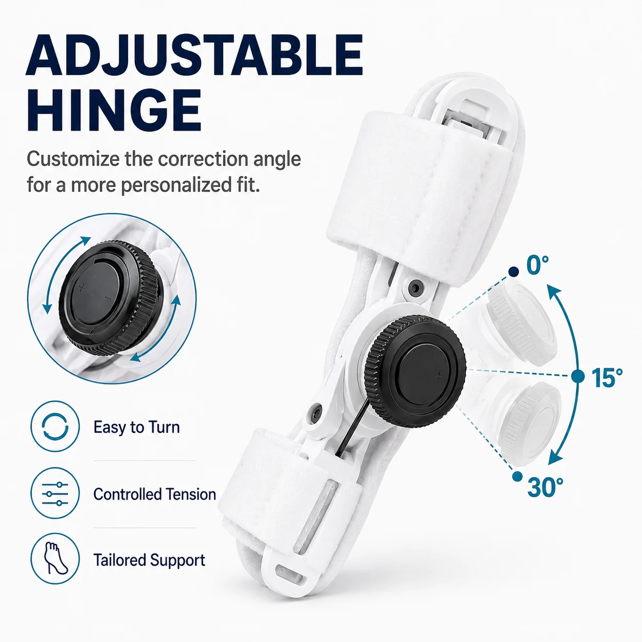 Close-up of the ReAlign adjustable hinge knob with 0, 15 and 30 degree angles
