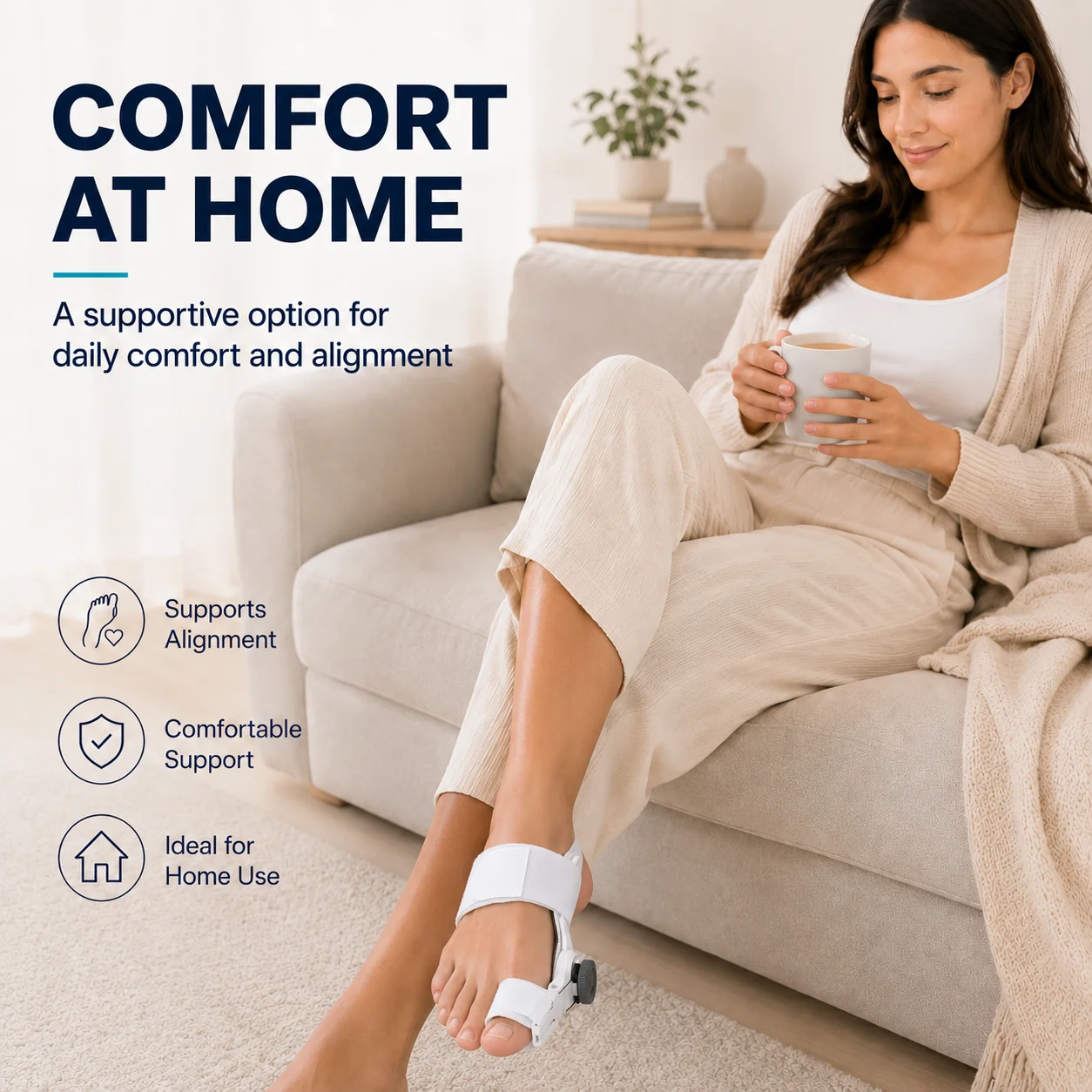 Woman relaxing at home on a sofa wearing the ReAlign corrector