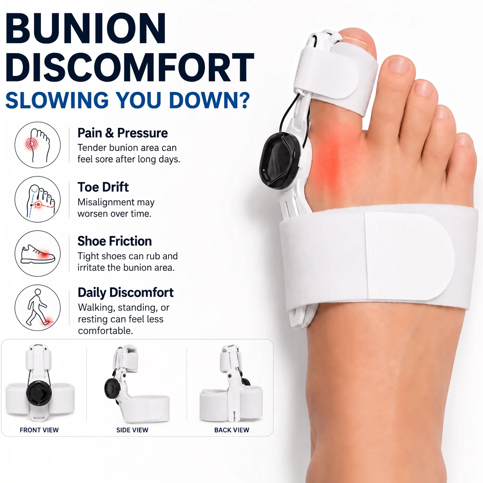 ReAlign corrector worn on a foot showing the bunion pressure area